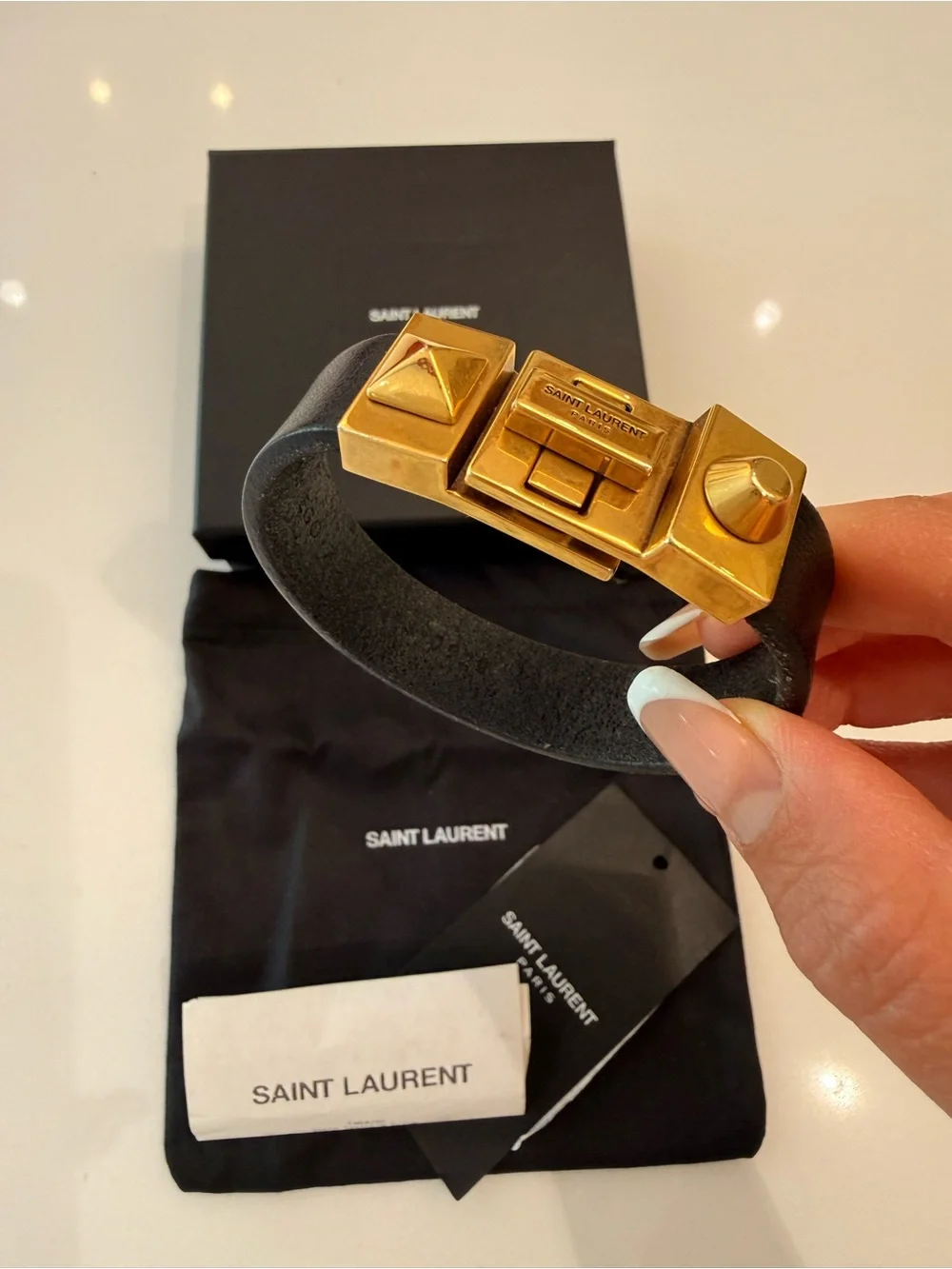 $550 Saint Laurent Studded Leather Bracelet S Black Unisex Father’s Day Gift YSL